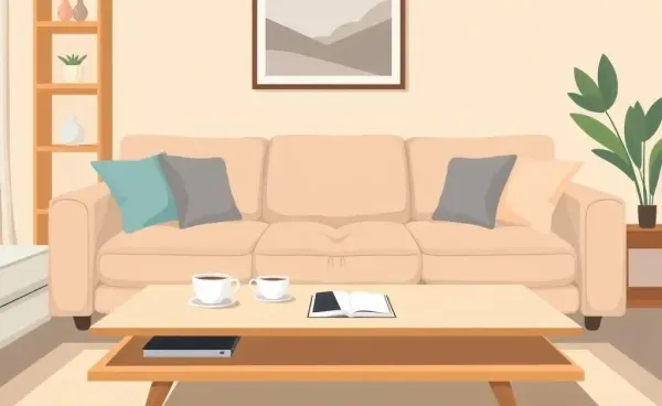 Cozy living room with tea cups and a financial planner.