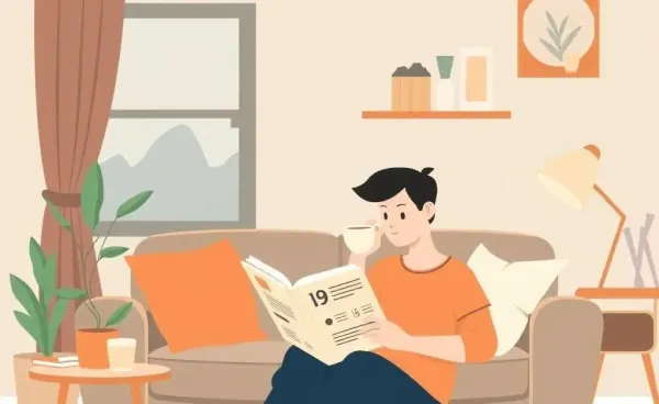 A person reading a finance book in a cozy living room, sipping tea.