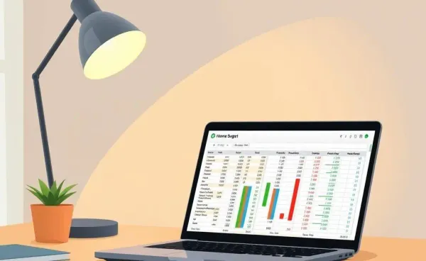 Image depicting a cozy workspace with a laptop displaying a colorful budget spreadsheet.