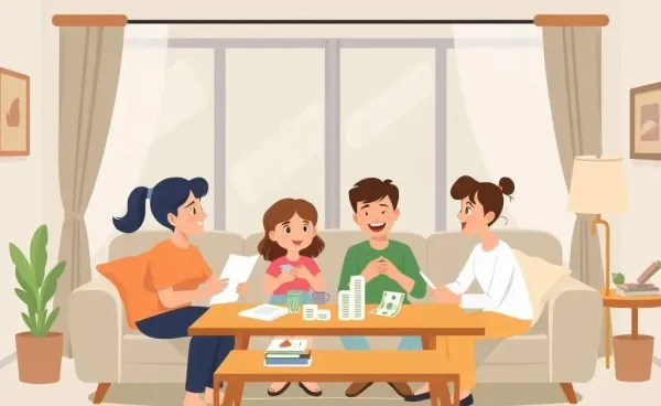 A cartoon-style image of a family comfortably discussing finances in a living room.