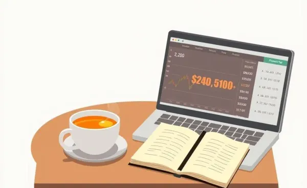 Cozy scene with tea, notebook, and laptop displaying financial data