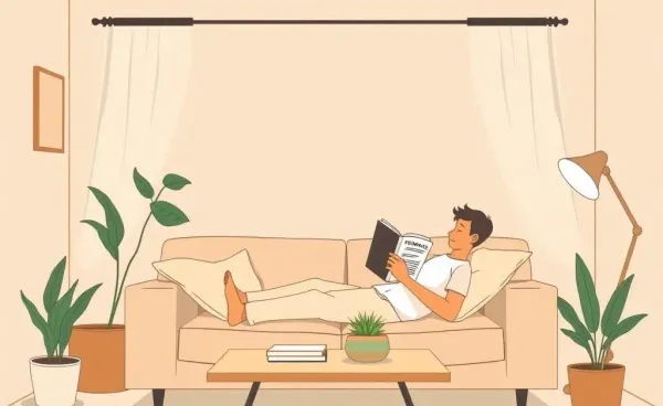 A person in a cozy living room reading about finance