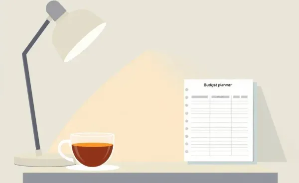 Relaxing desk setup with a budget planner and tea