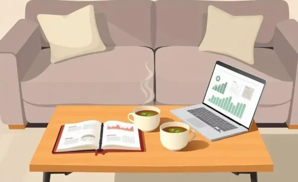 A cozy setting for financial planning with a notebook, laptop, and tea.
