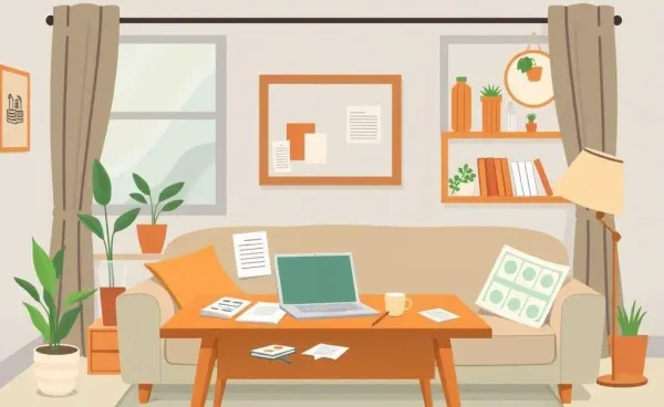 A cozy room with a desk full of financial planning notes and a laptop.