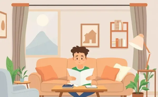 Cozy living room scene with a person planning their budget