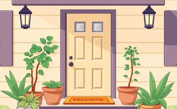 A cartoon-style cozy home entrance, symbolizing a warm welcome