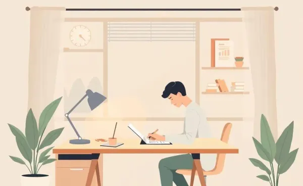 A cozy home office with a person writing financial plans