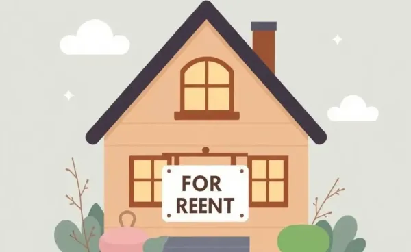 A cozy home with a 'For Rent' sign, conveying a sense of thoughtful decision-making.