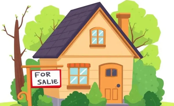 Cartoon image of a cozy home with a 'For Sale' sign