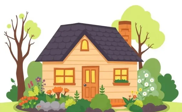 A hand-drawn illustration of a cozy home with a surrounding garden