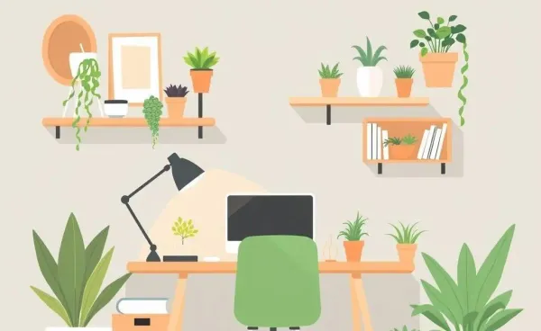 A cozy home office corner featuring DIY organizers and plants