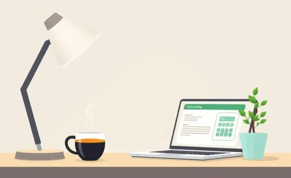A cozy home office desk setup with laptop showing a budgeting app