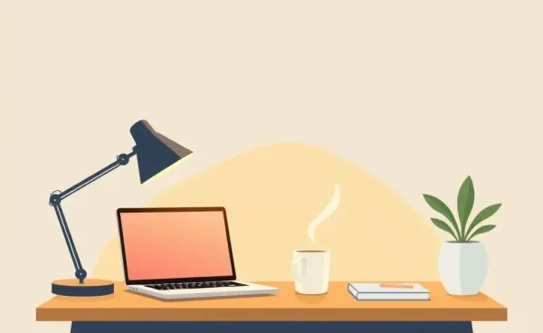 A cozy home office desk with a laptop and a cup of coffee