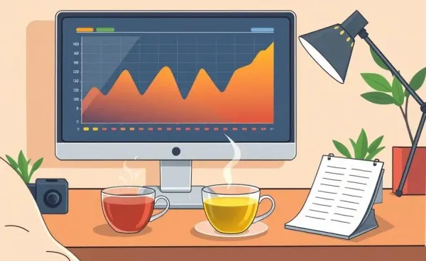 Illustration of a cozy home office setup with a computer displaying financial graphs.