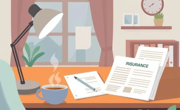 Cozy home office with insurance documents and a steaming cup of coffee on the desk