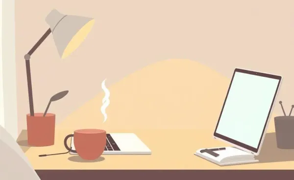 A cozy home office setup with a laptop and coffee mug