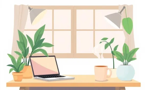 A cozy home office setup with a laptop showing property listings and a cup of coffee nearby.