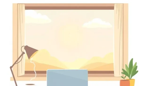 A cozy home office setup with a laptop, coffee, and a sunny window view