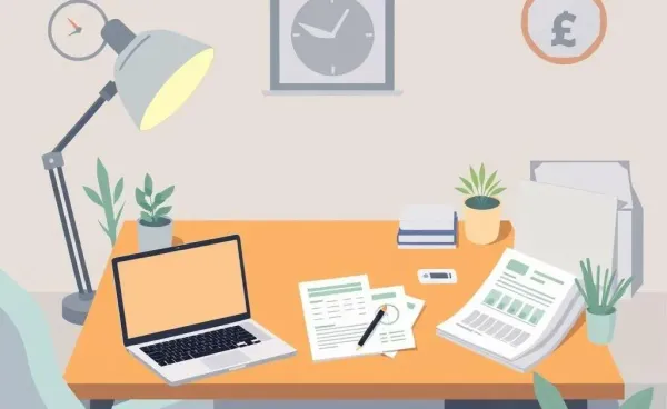Cozy home office setup with a laptop and financial documents on a desk
