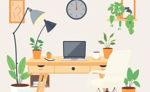 Cozy home office setup with laptop and coffee cup