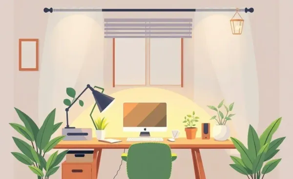 A cozy home office setup with a desktop, plants, and warm lighting