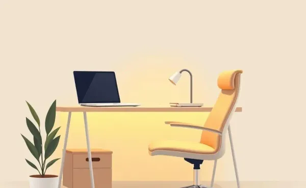 A cozy home office setup with a desk, laptop, and warm lighting.