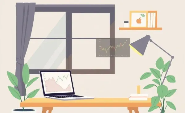 A home office with a laptop displaying stock charts and a calming plant.