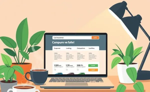 A cozy desk with a laptop showing car insurance comparisons.