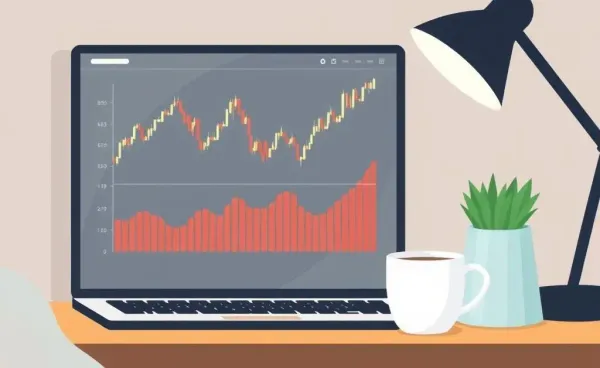 Cozy desk scene with a laptop displaying a stock market graph and a cup of coffee