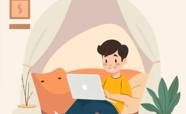 Cartoon-style person in a cozy nook with a laptop reviewing dividend investments