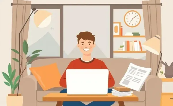 A person calmly reviewing investment options on a laptop in a cozy living room.