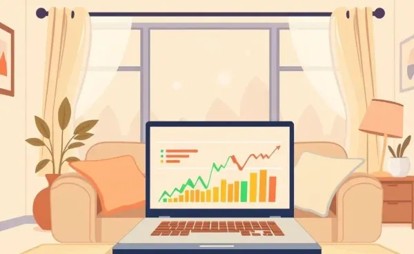 Cozy living room with a laptop showing stock charts