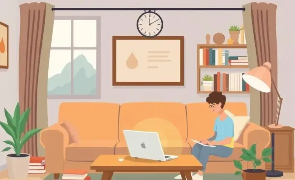 A cozy living room with books and a laptop on investing