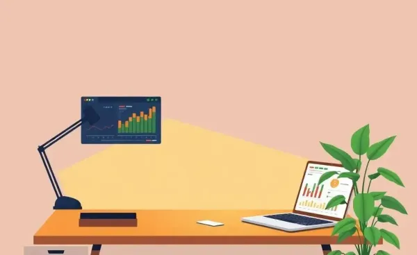 A cozy desk setup with investment charts on a laptop screen