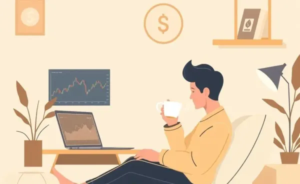 A person in a cozy room, sipping tea and looking at stock charts on a laptop.