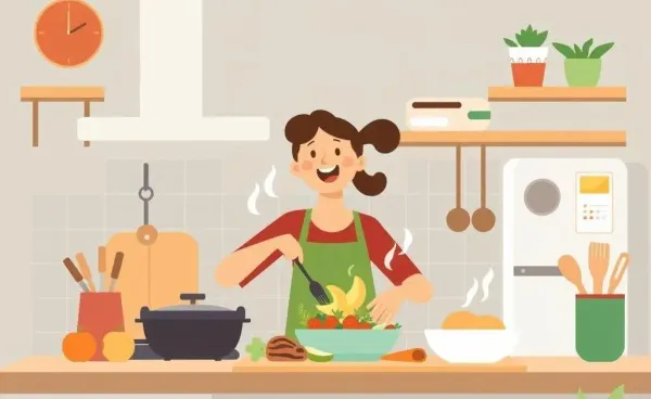 A person cooking in a cozy kitchen with a colorful spread of ingredients.