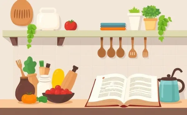 A cozy kitchen with fresh ingredients and a recipe book.
