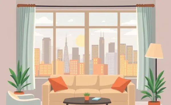 A cozy living room with a view of the cityscape
