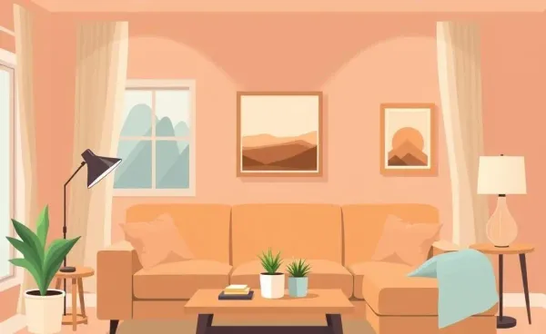 A cozy living room with warm lighting and comfortable furniture.