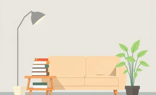 A cozy living room with books and a plant symbolizing calm and contemplation