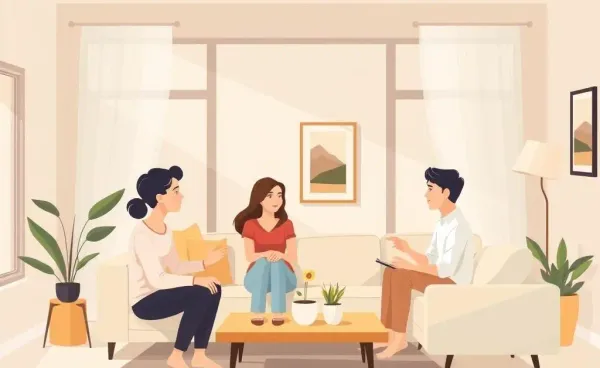 A living room setting where a family is discussing home buying decisions.