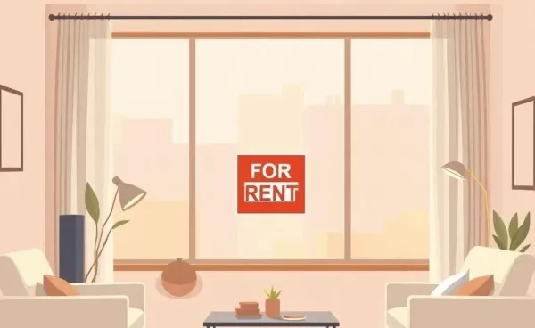 A cozy living room with a 'For Rent' sign visible through a window