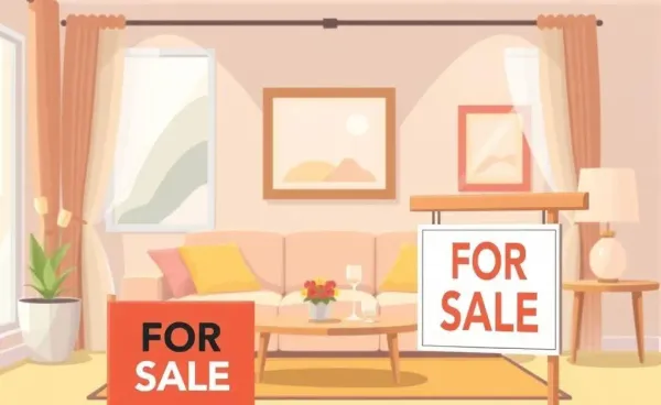 Cartoon-style illustration of a cozy living room with a 'For Sale' sign