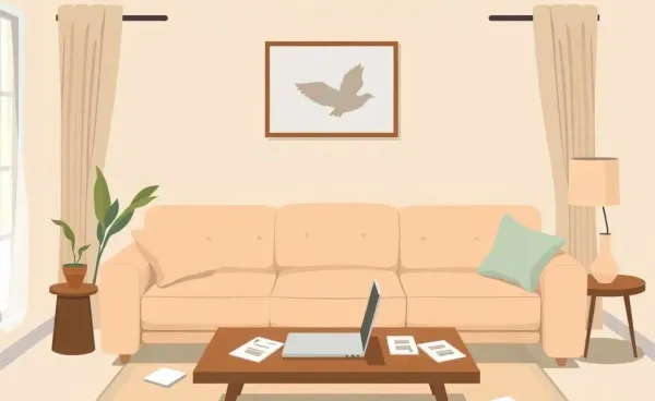 A cozy living room setting with papers and laptop for insurance claims