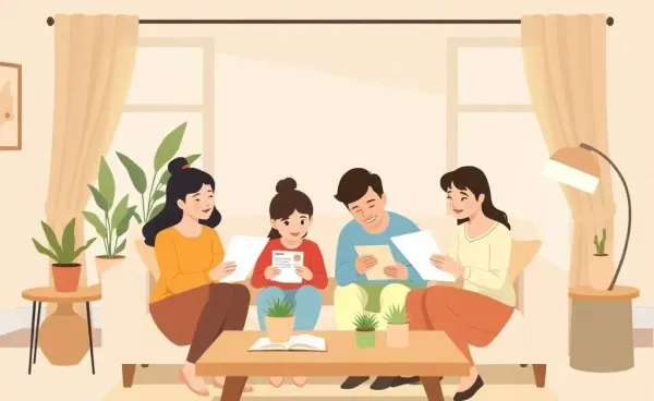 Family comfortably reviewing mortgage documents in their living room.