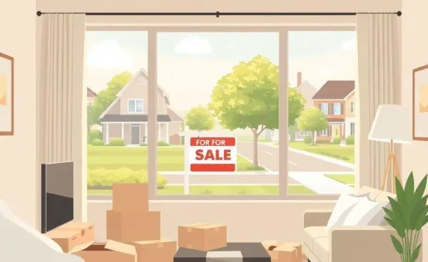 Cozy living room with moving boxes and a 'For Sale' sign outside