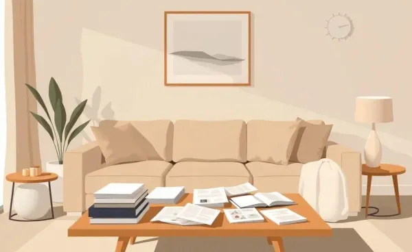 Cozy living room with paperwork scattered on a coffee table, symbolizing property negotiation