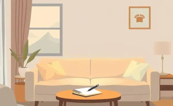 A warm living room or office setting with a notepad and pen