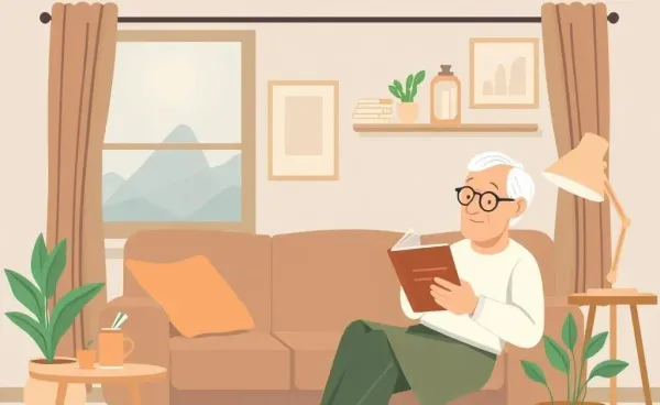 A cozy living room scene with an elder person reading about finances